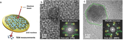 Figure 4. Non-destructive analysis of the semiconductor nanomaterials using 2D substrates. (a) Schematic of the observation of ZnO nanomaterials using TEM. HR-TEM images of (b) the 10s-grown ZnO nucleus and (c) the ZnO nucleus after heat treatments of 6 min. Insets in (b) and (c) show corresponding FFTs and zone axes where the diffraction peaks of ZnO and graphene are indicated with green and yellow circles, respectively. Reprinted from [Jo et al., Adv. Mater. 26, 13 (2014)] with the permission of John Wiley and Sons.