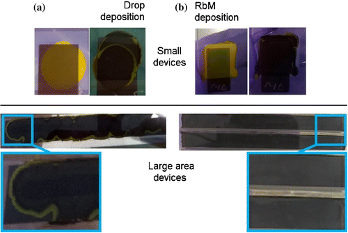 Figure 3. Devices prepared by (a) drop or (b) RbM deposition. On the top, small devices (1 cm2) before and after conversion of PbI2; at the bottom, long stripes (10 cm2) after conversion with a blow-up of a selected area.