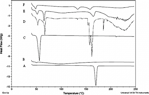 Figure 2. DSC thermogram of (A) itraconazole, (B) chitosan, (C) poloxamer, (D) lysine, (E) their physical mixture and (F) chitosan–itraconazole co-precipitated nanosuspension (ITN6).