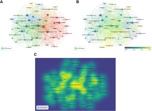 Figure 4 Co-occurrence analysis of keywords. (A) Network visualization map of keywords. (B) Overlap visualization map of keywords. (C) Density visualization map of keywords.