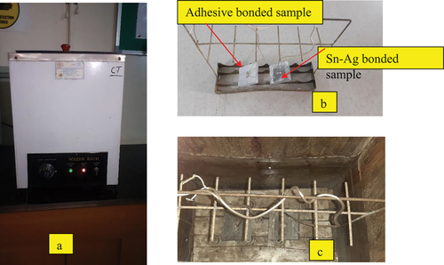 Figure 11. Moisture effect study in a water bath. a) water bath b) aluminum samples with specimen holder c) aluminum samples immersed in a water bath.