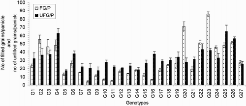 Figure 6. Number of filled grains/panicle and unfilled grains/panicle of 27 blast-resistant genotypes. Each column represents mean with standard error of each genotype; n = 3. G1, Black Banni; G2, Blau Noc; G3, Chirikata 2; G4, Choke Tang; G5, Chokoto 14; G6, IPPA; G7, IR 3257-13-56; G8, IR 5533-13-1-1; G9, IR 5533-14-1-1; G10, IR 5533-15-1-1; G11, IR 5533-50-1-10; G12, IR 5533-55-1-11; G13, IR 5533-56-1-12; G14, IR 5533-PP 854-1; G15, IR 9559-3-1-1; G16, IR 9559-4-1-1; G17, IR 9559-PP 871-1; G18, IR 9669-22-2-6; G19, IR 9669-PP 823-1; G20, Ja Hau; G21, Ja No Naq; G22, C; G23, F1 seed (BR16 × Karingam); G24, BR26; G25, BRRI dhan42; G26, BRRI dhan43; G27, BRRI dhan48.