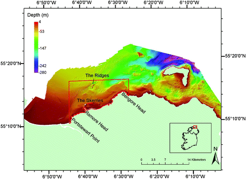 Figure 2. JIBS multibeam bathymetry of the north coast of Ireland. Red box outlines the study area.