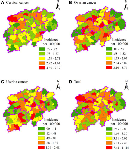 Figure 2 Spatial distribution of gynecologic cancer incidence in northern Jiangxi Province from 2016 to 2018. (A) Cervical cancer. (B) Ovarian cancer. (C) Uterine cancer. (D) Total gynecological cancer.