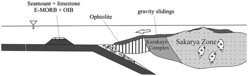 Figure 9. Schematic drawing for the possible tectonic settings of formation of accreted materials in the Jurassic metamorphic accretionary complexes.