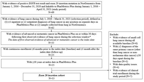 Figure 2. Patient selection for exon 20 insertion cohort (exon20i). *Advanced or metastatic cancer was defined as evidence of ≥1 antineoplastic therapy or ≥1 diagnosis code for metastatic cancer in any position. Abbreviation. EGFR, epidermal growth factor receptor.