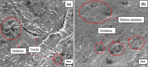 Figure 6. SE microstructure of high stress damage on (a) AL and (b) ALST.