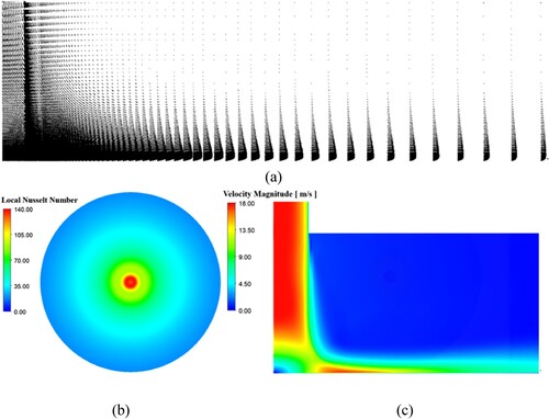 Figure 8. Results of characteristic flow distributions for H/D = 2 with Re = 23,000 of v2-f: (a) velocity vector, (b) local Nusselt number, and (c) velocity contour.