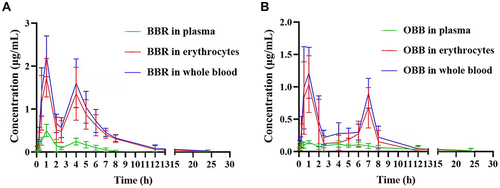 Figure 4 Blood concentration–time curves of BBR and OBB post oral administration of PCC. Blood concentration–time curve of BBR (A) and OBB (B). Data are expressed as mean ± S.E.M. (n = 6).