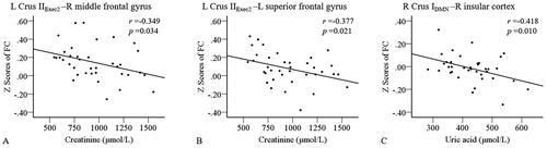 Figure 3. Correlations between altered cerebellar-cerebral FC and clinical variables in the ESRD group. Serum creatinine levels showed negative correlation with the FC between the left cerebellum Crus IIExec2 and the right middle frontal gyrus (a), and the left cerebellum Crus IIExec2 and the left superior frontal gyrus (B), uric acid levels showed negative correlation with the FC between the right Crus IDMN and the insular cortex (C). L, left; R, right; FC, functional connectivity; ESRD, end-stage renal disease.