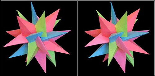 Figure 2. 3D cross-eye stereo image of a Magnus J. Wenninger Stella4D Model. To view the stereograph using the cross-eye technique, focus on your finger at about six inches forward of your eyes. Maintain focus. Insert the page beyond your finger about eight inches. Try to stare blankly, without actually ‘looking’ at anything. Move the page slowly forward and backward. When you reach the proper position, your eyes will focus and the image will come into full 3D view.