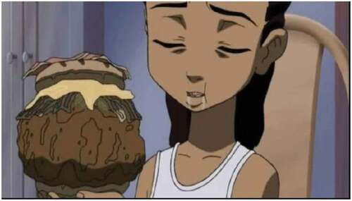 Figure 3. Season 1, episode 10 (2006) of The Boondocks features The Luther hamburger. The dish symbolizes its namesake’s reputation for gluttony and the episode’s message on thefundamental unhealthiness of soul food as an African American tradition. Source: Public Domain via makeagif.com.