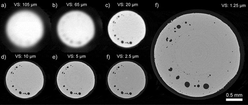 Figure 7. Comparison of slice images of a cylindrical in-process sample with a diameter of 2.5 mm. At low physical resolutions (a and b) it is not possible to unequivocally detect pores in this sample. At higher resolutions (c–g) pores can be segmented in varying levels of accuracy.