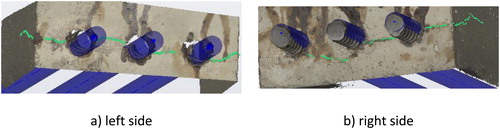 Figure 4. Corrosion-induced splitting cracks on the left and right ends of Specimen 5, indicated by the green lines. The extension of the reinforcement bars is shown in blue.