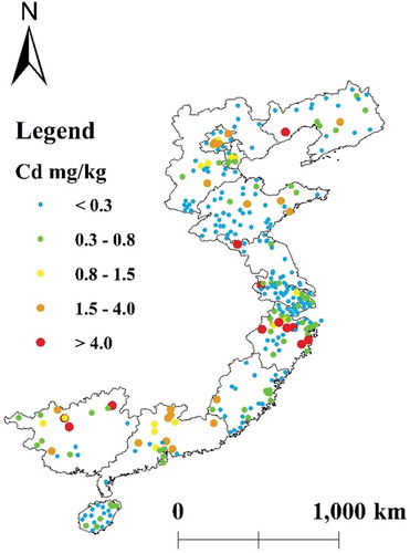 Figure 2. Spatial distribution of the Cd concentration in the soil in China’s coastal areas