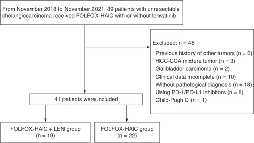 Figure 1. Flow diagram of study design.CCA: Cholangiocarcinoma; FOLFOX-HAIC: Hepatic arterial infusion chemotherapy of oxaliplatin, fluorouracil, and leucovorin; HCC: Hepatocellular carcinoma; LEN: Lenvatinib.