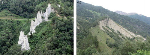 Figure 6. (a) Euseigne Pyramids and (b) La Luette morainic complex.