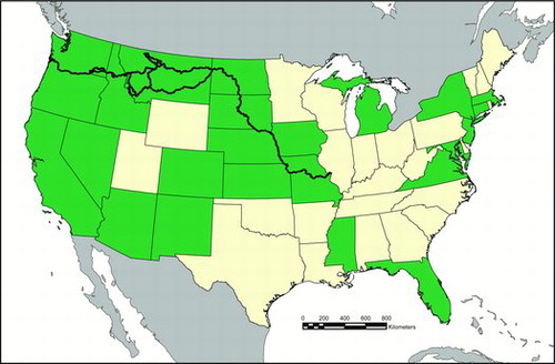 Figure 1. Map of United States (excluding Alaska/Hawaii) showing Lewis and Clark Trail and states (shaded) included in study. (Figure drafted by Justin Junge.)