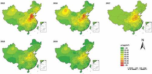 Figure 1. Spatial distribution maps of PM2.5 concentrations in China during 2015–2019.