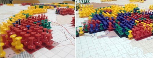 Figure 4. Photographs of the dynamic system of changing urban land uses by using markers.