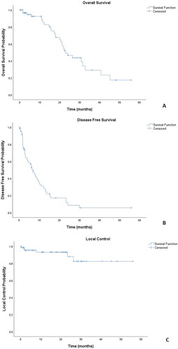Figure 1. Treatment Outcomes: Kaplan–Meier plots for A: Overall Survival following SBRT. B: Disease Free Survival following stereotactic body radiation therapy (SBRT). C: Local Control following stereotactic body radiation therapy (SBRT).