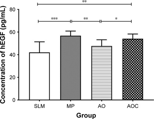 Figure 10 Concentration of hEGF in HGECs after 7 days.Note: *P<0.05, **P<0.01, ***P<0.001.Abbreviations: HGECs, human gingival epithelial cells; SLM, selective laser melting; MP, mechanically polished; AO, anodic oxidation; AOC, anodic oxidation composited with electrochemical deposition.