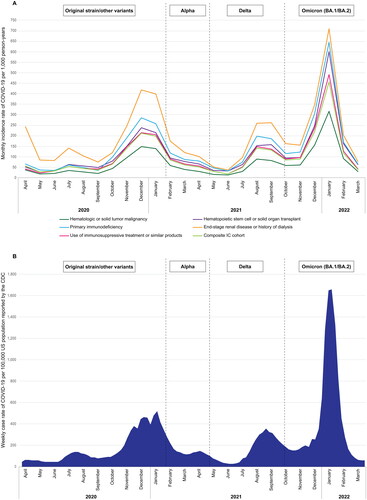 Figure 4. A. Post-index incidence rate of COVID-19 per 1000 person-years. B. US weekly case rate of COVID-19 per 100,000 population as reported by the CDC.Key: CDC: Centers for Disease Control and Prevention; US: United States.The dotted lines in Figures 4(A,B) represent the transition from different variants throughout the COVID-19 pandemic. Data on variants were obtained from GISAID and CDC Nowcast. [Citation62,Citation63]The shaded portion in Figure 4(B) represents the weekly case rate per 100,000 population as reported by the CDC from 1 April 2020 to 31 March 2022Citation44.