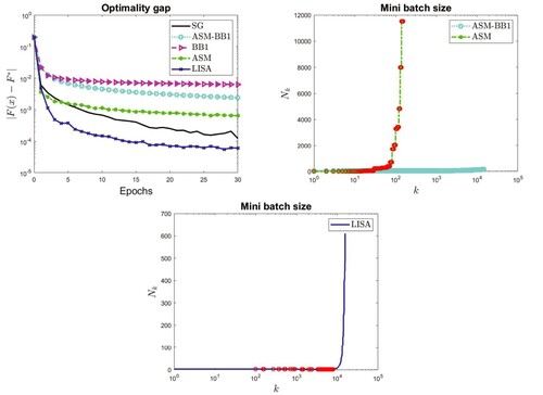 Figure 3. IJCNN data set with NN loss: optimality gap (top lef panel), increase of mini batch size in ASM and ASM-BB1 (top right panel) and increase of mini batch size in LISA (bottom panel).