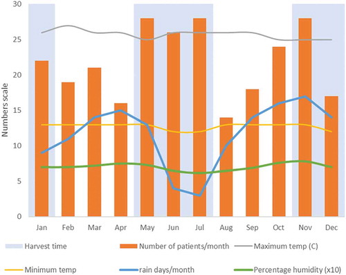 Figure 2. Presentation of patients with MK, by month in 2017 (n = 261). Monthly average minimum and maximum temperatures, average humidity and the number of days with rain are overlaid. Humidity was in percentage but was scaled to tens (divided by 10) to fit on the plot scale.