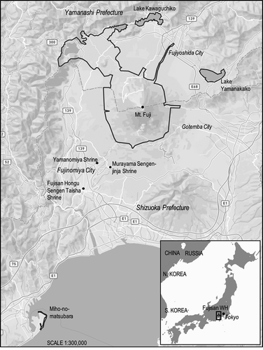 Figure 1. Location of Fujisan WH in Shizuoka and Yamanashi Prefectures, Japan, with main component parts mentioned in this paper.(Source: author).