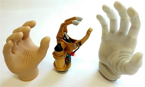 Figure 1 Examples of Ottobock prosthetic hands and cosmetics (from left to right): small System Inner Hand, small MyoHand VariPlus Speed, and medium Michelangelo hand.