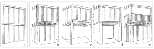 Figure 2. Classification of the different typological variations from left to right: continuous wall (a), projecting discontinuous wall (b), discontinuous wall in portico layout (c), and discontinuous wall in arcade layout (d), and discontinuous wall in gallery layout (e).