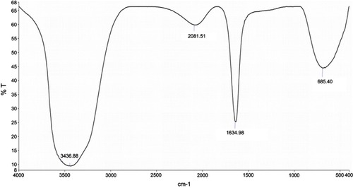 Figure 2 FTIR Spectrum of AgNPs synthesized by aqueous seed extract of Sygyzium cumini.Abbreviations: AgNPs, silver nanoparticles; FTIR, Fourier-transform infrared spectroscopy.