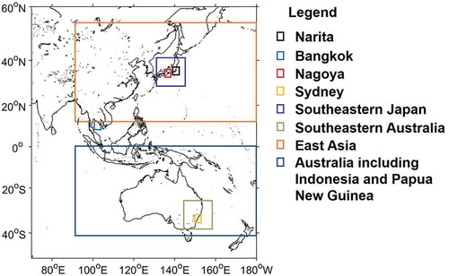 Figure 1. Geographical locations and spatial extent of the study sites used in this research: from Narita to Australia including Indonesia and Papua New Guinea correspond to Table 1.