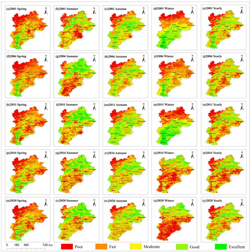 Figure 5. Spatial-temporal distribution of EEQ of the JJJ region in different seasons from 2001 – 2020.