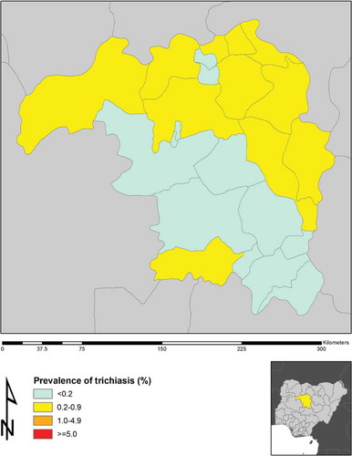 Figure 3. Prevalence of trichiasis in adults aged 15+ years by local government area in Kaduna State, Nigeria, Global Trachoma Mapping Project, 2013.