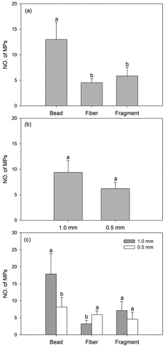 Figure 1. Mean number (mean ± SE) of MPs transported by F. candida. Different letters above the bars indicate significant differences between the shapes (a), sizes (b) and sizes with the same shapes (c).