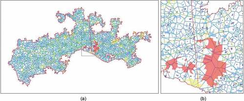Figure 4. The topological representation of London II.London II demonstrates a living structure with a very striking scaling hierarchy of far more small polygons than large ones: (a) an overall view of London II and (b) an enlarged view around the largest natural city of London II. The spectral color legend is used to indicate the living structure of far more small polygons (cold colors) than large ones (warm colors), numerous smallest (blue), a very few largest (red) and some in between the smallest and largest (other colors between blue and red).