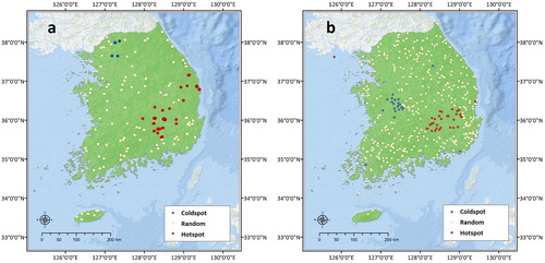 Figure 5. High-intensity forest fire hotspot analysis by fire intensity (a: MODIS active fire data and b: KFS fire survey data).