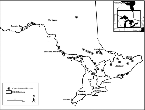Figure 4 Location of cyanobacterial blooms reported to the Ontario Ministry of the Environment in 2009 and the 5 ministry regions in Ontario, Canada.