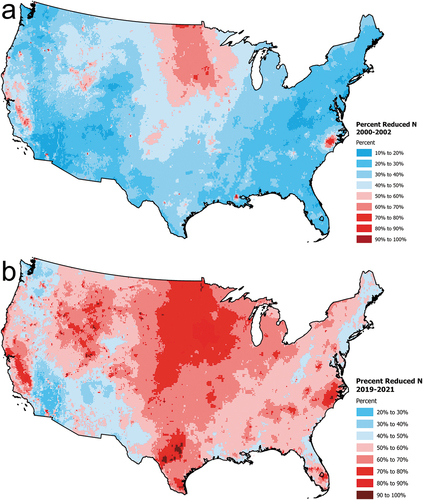 Figure 7. Maps comparing the percent of total nitrogen deposition occurring as total reduced nitrogen (NHx) for the conterminous U.S. for 2000–2002 (a) with 2019–2021 (b). Data are from the National Atmospheric Deposition Program Total Deposition (TDep) committee.