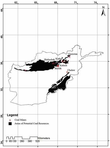 Figure 1. Potential coal resources in Afghanistan and sample locations.
