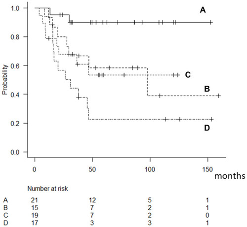 Figure 3 Kaplan–Meier curves showing the post-metastatic survival of 72 patients according to the curability of the initial lung metastasis (A: single and smaller [<11.5 mm]; B: multiple and smaller [<11.5 mm], C; single and larger [>11.5 mm], D; multiple and larger [>11.5 mm]).