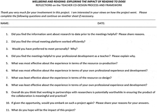 Figure A1. Details of the short questionnaire completed by the teachers at the end of the co-design process.