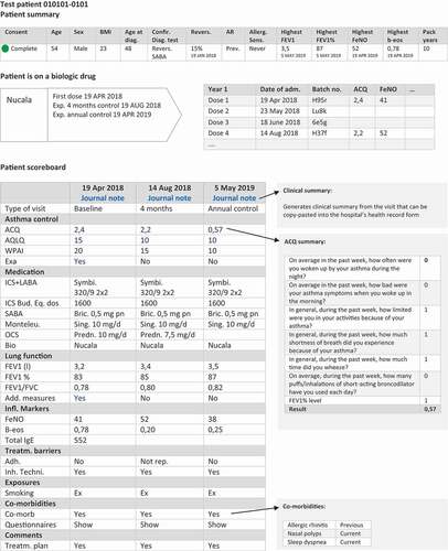 Figure 4. Clinical overview in DSAR: patient summary, biologic drug table, and scoreboard. Information is expanded when clicking on the hyperlinks