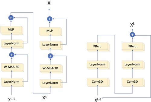 Figure 2. (a). Swin 3D blocks included W-MSA-3D and MLP, (b). 3D convolutional block.