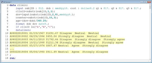 Fig. 8 Error-full lecture SAS program. This is the SAS Enhanced Editor window containing one of the DATA steps used during the error-full lecture. Only a subset of the data lines is shown to conserve space.