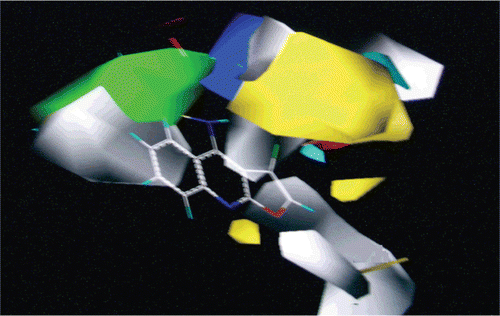 Figure 5.  CoMSIA contour plots. Green counters indicate the bulky group region, whereas yellow counter indicate region where bulky groups are not required. Blue counters indicate the region needed electronegative contribution, whereas red counters indicate the region where electropositive contribution required. The white contour near suggest that hydrophobic groups will increase activity. The purple and orange contour for both hydrogen-bond donor favour and not favour, respectively, in biological activity. Similarly contour for both hydrogen-bond acceptor favour and disfavour are showed by magenta contour and red contour, respectively.