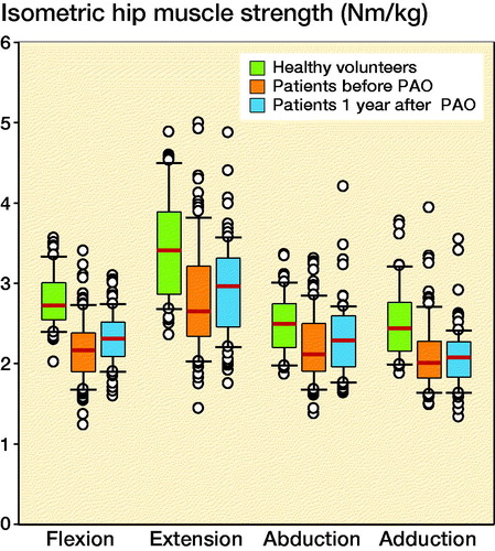 Figure 2. Median isometric hip muscle strength in patients with hip dysplasia and in healthy volunteers in Nm/kg; box represents 25th and 75th percentiles and error bars represent 10th and 90th percentiles. PAO = periacetabular osteotomy.