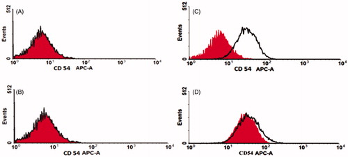 Figure 1. CD54 molecules expression intensity by JEG-3 line cells. (A) JEG-3 line trophoblast cell suspension without antibodies to CD54. (B) JEG-3 line trophoblast cell suspension processed with isotype antibodies. (C) Spontaneous CD54 expression by JEG-3 line trophoblast cells (white diagram) compared to non-stained cells (red diagram). (D) TNFα affected CD54 expression by JEG-3 line trophoblast cells (white diagram) compared to spontaneous CD54 expression (red diagram).